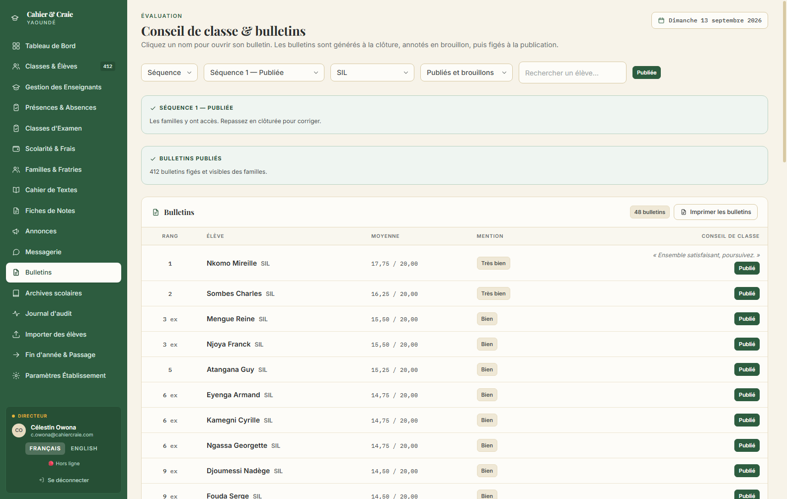 L'écran de génération des bulletins : les classes, l'état de chaque séquence et les bulletins déjà publiés.