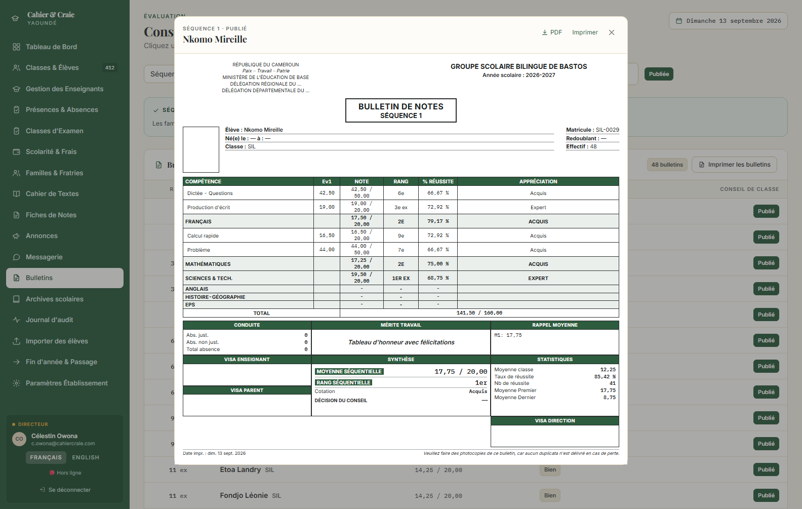 Un bulletin trimestriel : moyennes par matière, coefficients, moyenne générale, rang et appréciations.